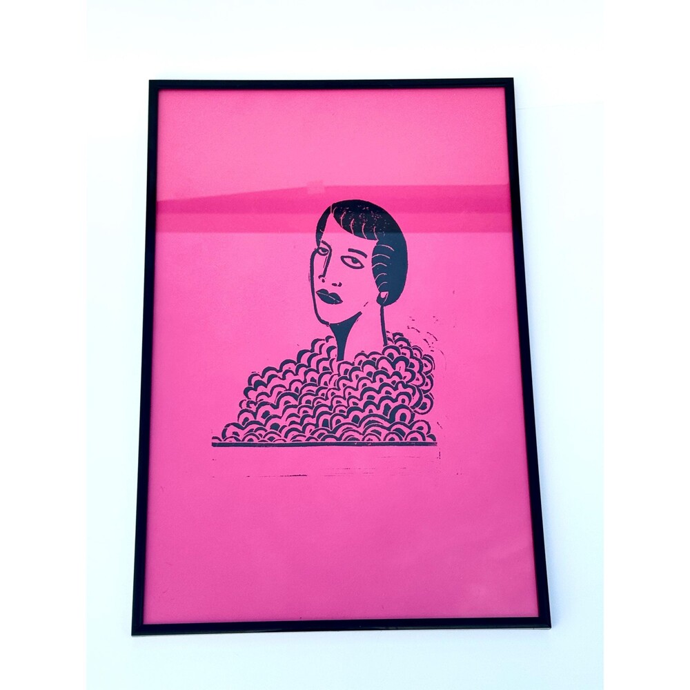 lady in pink room block print by curvo leno 2025